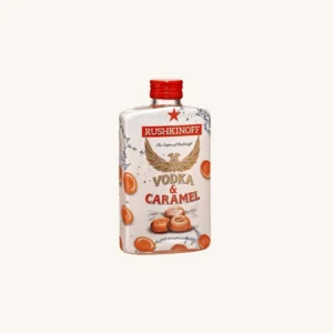 Rushkinoff Caramel wodka basislikeur (petaca de licor wodka caramelo), uit Mallorca, plastic fles