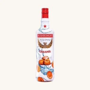 Rushkinoff Caramel wodka basislikeur (licor wodka caramelo), uit Mallorca, fles