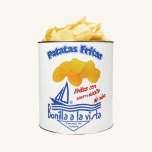 Gourmet aardappelchips, gemaakt met 100% olijfolie, grote blik