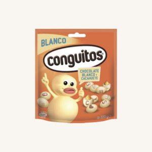 Blanco Conguitos, met witte chocolade omhulde pinda's (cacahuetes recubiertos de chocolade blanco), middelgrote zak