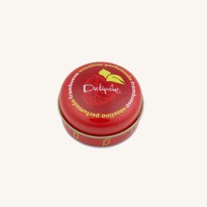 Hydraterende vaseline voor de lippen, met frambozengeur, uit Alicante, in een klein blikken doosje.