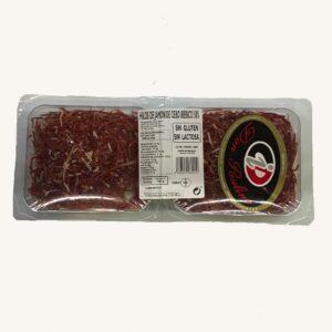 Gedroogde reepjes (hilos) van Ibérico 50% de cebo ham (jamón), van Salamanca