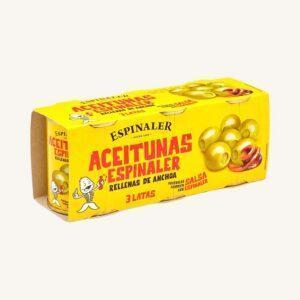 Olijven gevuld met ansjovis, manzanilla-variëteit, uit Barcelona, blikken van 3 stuks.