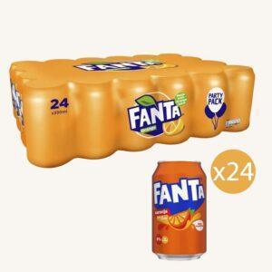 Fanta Naranja frisdrank met 5% sinaasappelsap, verpakking van 24 blikjes.