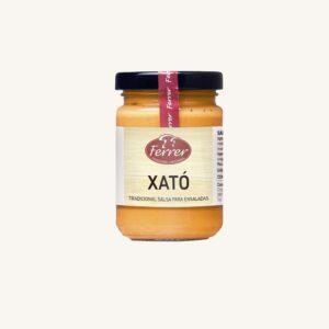 Xató-saus (salsa), traditionele saus voor salades, vis en schaal- en schelpdieren, uit Catalonië, in een potje.