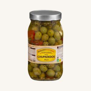 Gekruide splitolijven in Chupadedos-stijl (aceitunas partidas estilo Chupadedos), uit Sevilla, pot