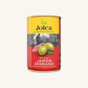 Groene manzanilla fina olijven gevuld met serranoham (jamón), uit Sevilla, kunnen