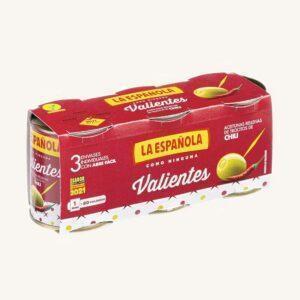 Groene olijven gevuld met chili, Valientes, manzanilla-variëteit, verpakking van 3 blikken