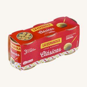 Groene olijven gevuld met ansjovis, Clásicas, manzanilla-variëteit, verpakking van 3 mini-blikjes