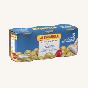 Groene olijven gevuld met ansjovis - Suaves, met 35% minder zout, manzanilla-variëteit, verpakking van 3 blikken.