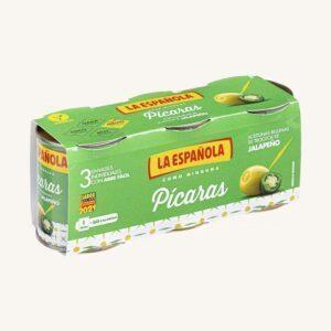 Groene olijven gevuld met jalapeño, Pícaras, medium pittig, manzanilla-variëteit, verpakking van 3 blikken