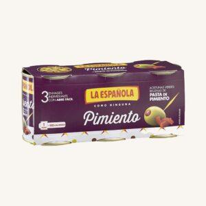 Groene olijven gevuld met rode paprika, pimiento, manzanilla-variëteit, verpakking van 3 blikken