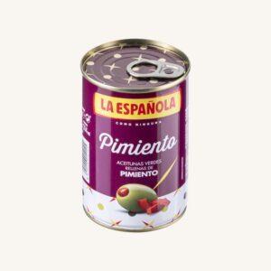 Groene olijven gevuld met rode paprika, Pimiento, manzanilla-variëteit, blik