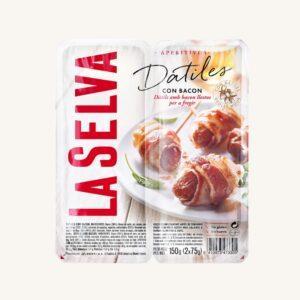 Dadels omwikkeld met spek (dátiles con bacon), uit Catalonië, 12 stuks verdeeld over twee verpakkingen.