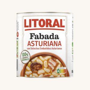Fabada Asturiana (bonen- en worststoofpot), traditioneel gekookt gerecht, grote blik