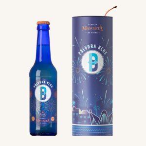 Pólvora Blue biologisch ambachtelijk bier (cerveza de autor), blond bier uit Valencia, met blik en fles.