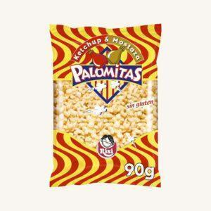 Risi Palomitas popcorn met ketchup- en mosterdsmaak, gebakken, uit Madrid, in een zak.