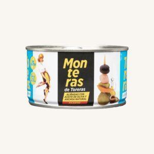Monteras de Toreras - Pittige banderillas (augurkenspiesjes) met een zwarte olijf erop, in olijfolie, blik