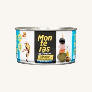 Monteras de Toreras Niet-pittige Banderillas (augurkenspiesjes) met een zwarte olijf erop, in olijfolie, blik