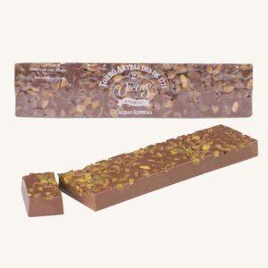 Vicens Torrons Melkchocolade Nougat met Pistache (turrón / torró de chocolade con leche y pistachenoten), reep