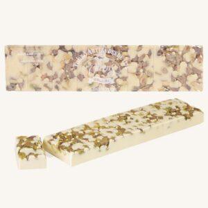Vicens Torrons Nougat van witte chocolade met pistache (turrón / torró de chocolade blanco con pistachenoten), reep